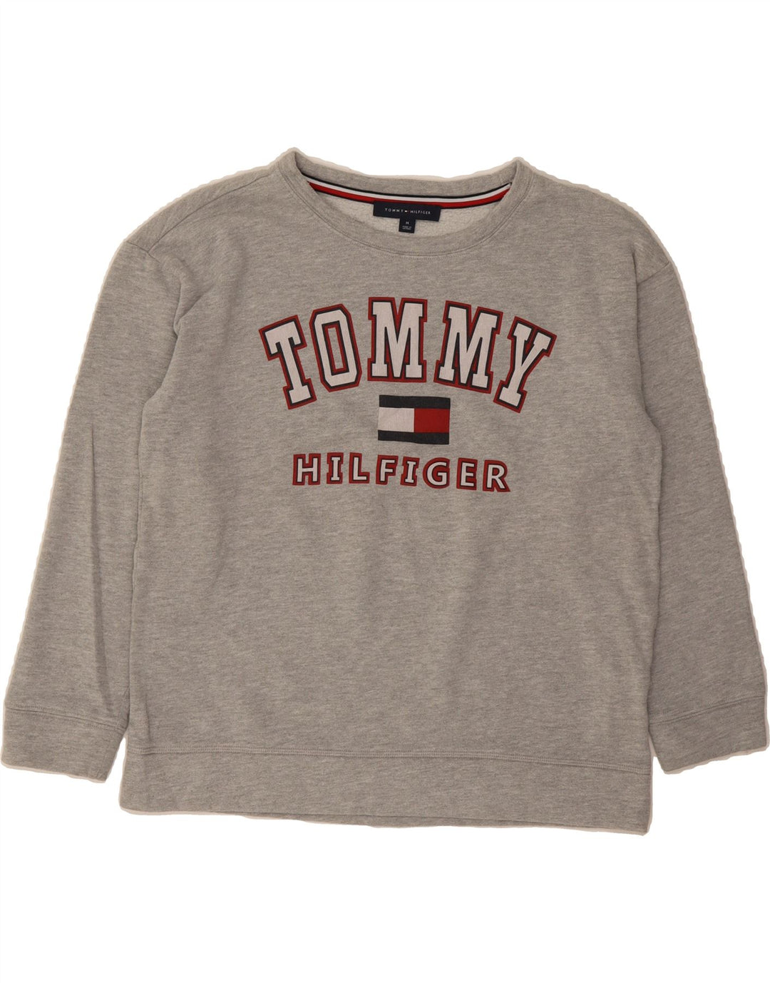 TOMMY HILFIGER Womens Graphic Sweatshirt Jumper UK 14 Medium Grey Cotton Vintage Tommy Hilfiger and Second-Hand Tommy Hilfiger from Messina Hembry 