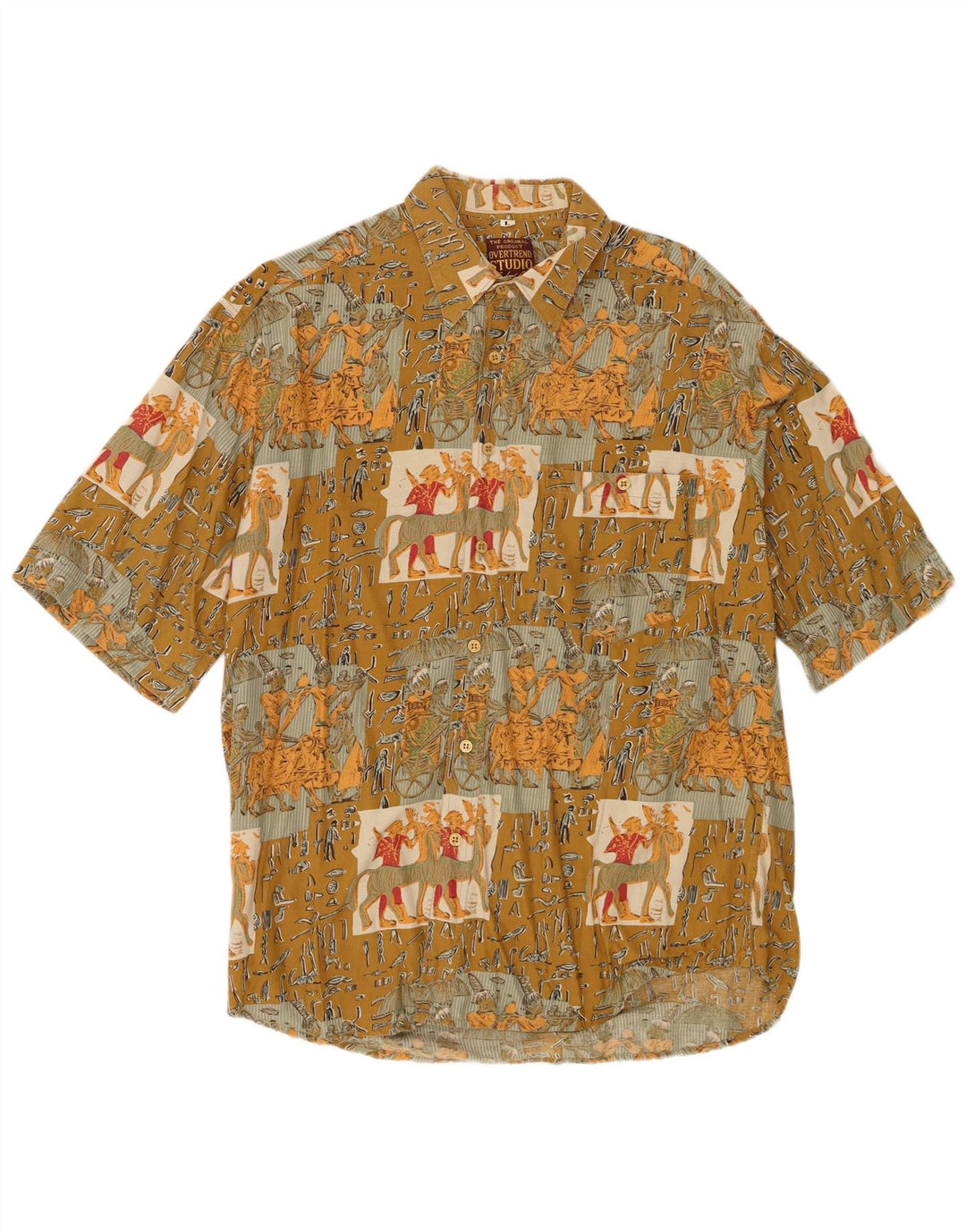 Cămașă vintage cu mânecă scurtă pentru bărbați, kaki mare, patchwork, viscoză