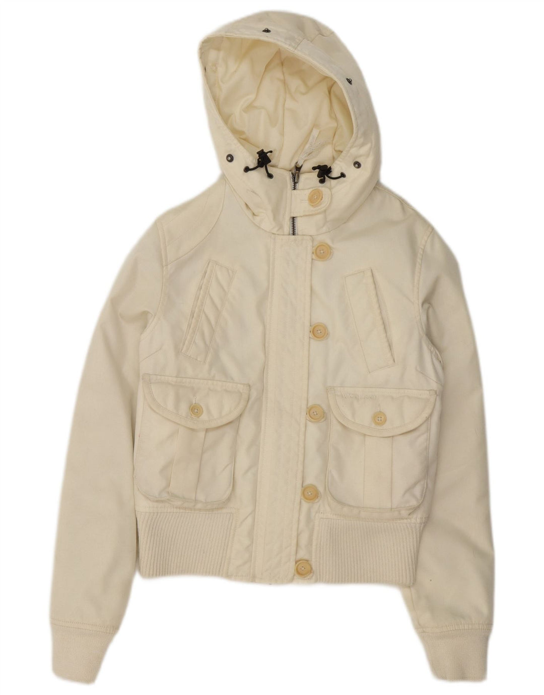 Jachetă bomber căptușită cu glugă Woolrich pentru femei UK 14, nailon mediu alb