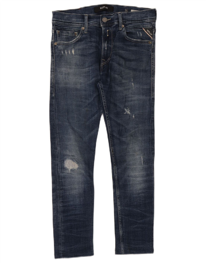 Replay, blugi slim, crop distressed, W30 L26 albastru