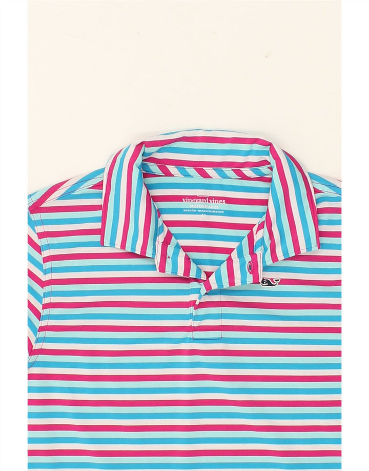 VINEYARD VINES Boys Polo Shirt 12-13 Years Medium Blue Striped Polyester Vintage Vineyard Vines and Second-Hand Vineyard Vines from Messina Hembry 