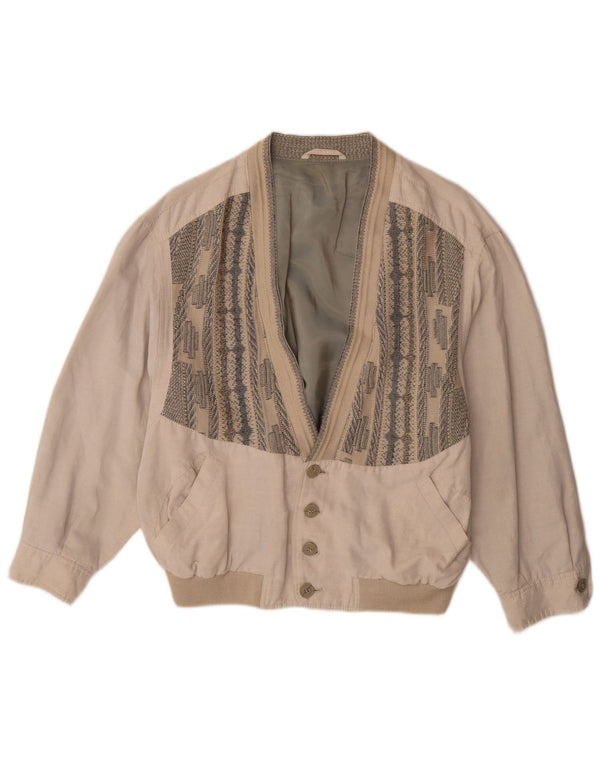 Vintage Mens Bomber Jacket UK 38 Medium Beige Geometric Viscose