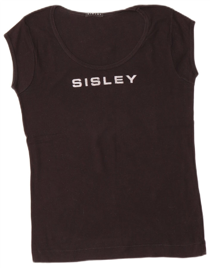 SISLEY Tricou cu grafică pentru femei Top UK 14, mare, negru, bumbac
