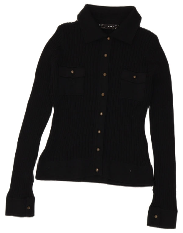 Bluză cămașă tricotată pentru femei Zara UK 12 Medium Black Rayon