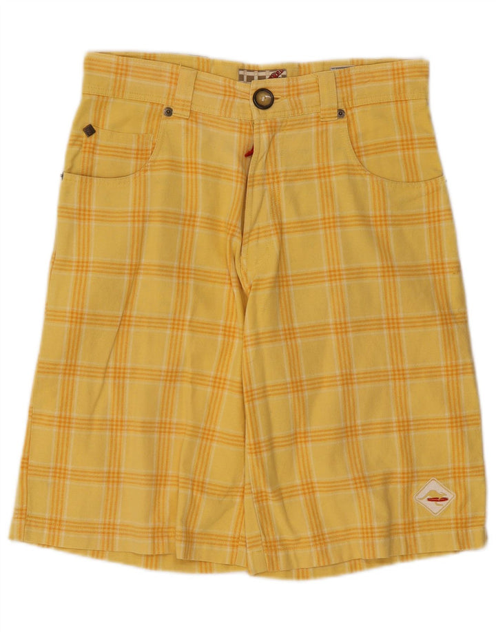 Pantaloni scurți casual vintage pentru femei W28, bumbac cu carouri galbene medii