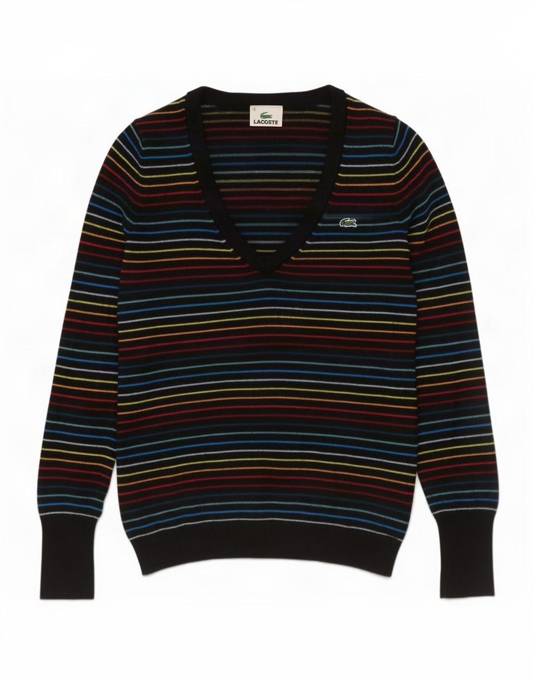 Pulover pentru femei Lacoste cu decolteu în V, mărimea 38, în dungi medii, multicolore