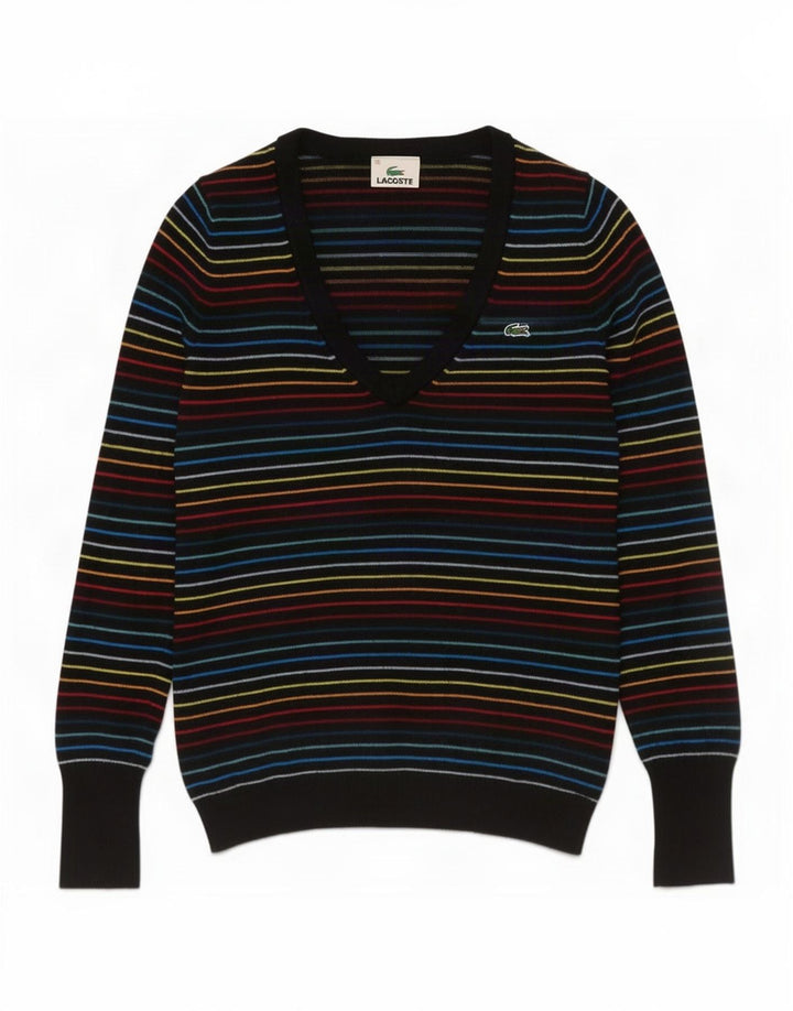 Pulover pentru femei Lacoste cu decolteu în V, mărimea 38, în dungi medii, multicolore