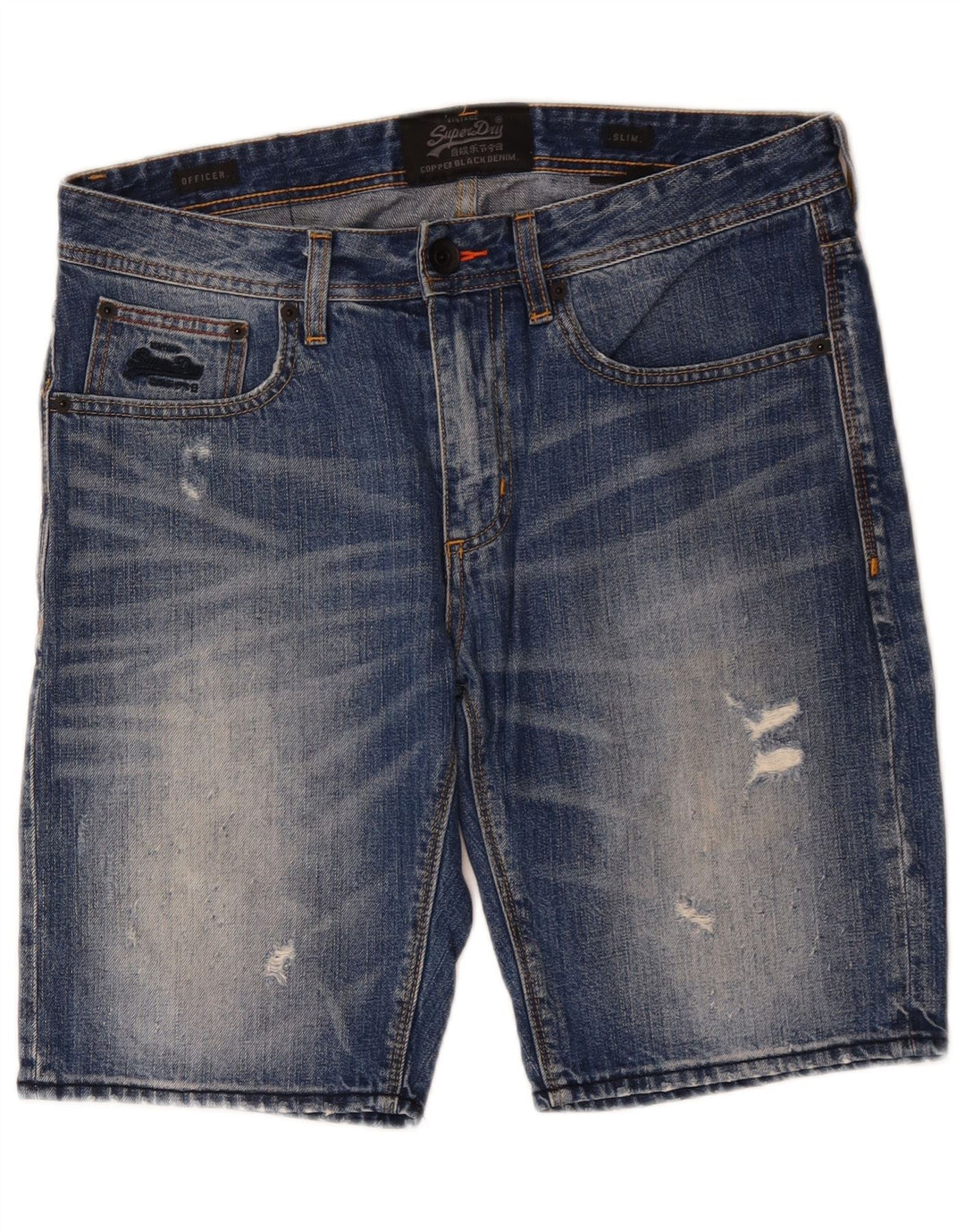 SUPERDRY Pantaloni scurți din denim subțire, ofițer, pentru bărbați, W32, bumbac albastru mediu
