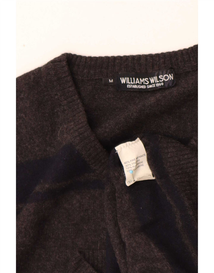 Pulover cu decolteu în V Williams Wilson pentru bărbați, lână merinos cu dungi, gri mediu