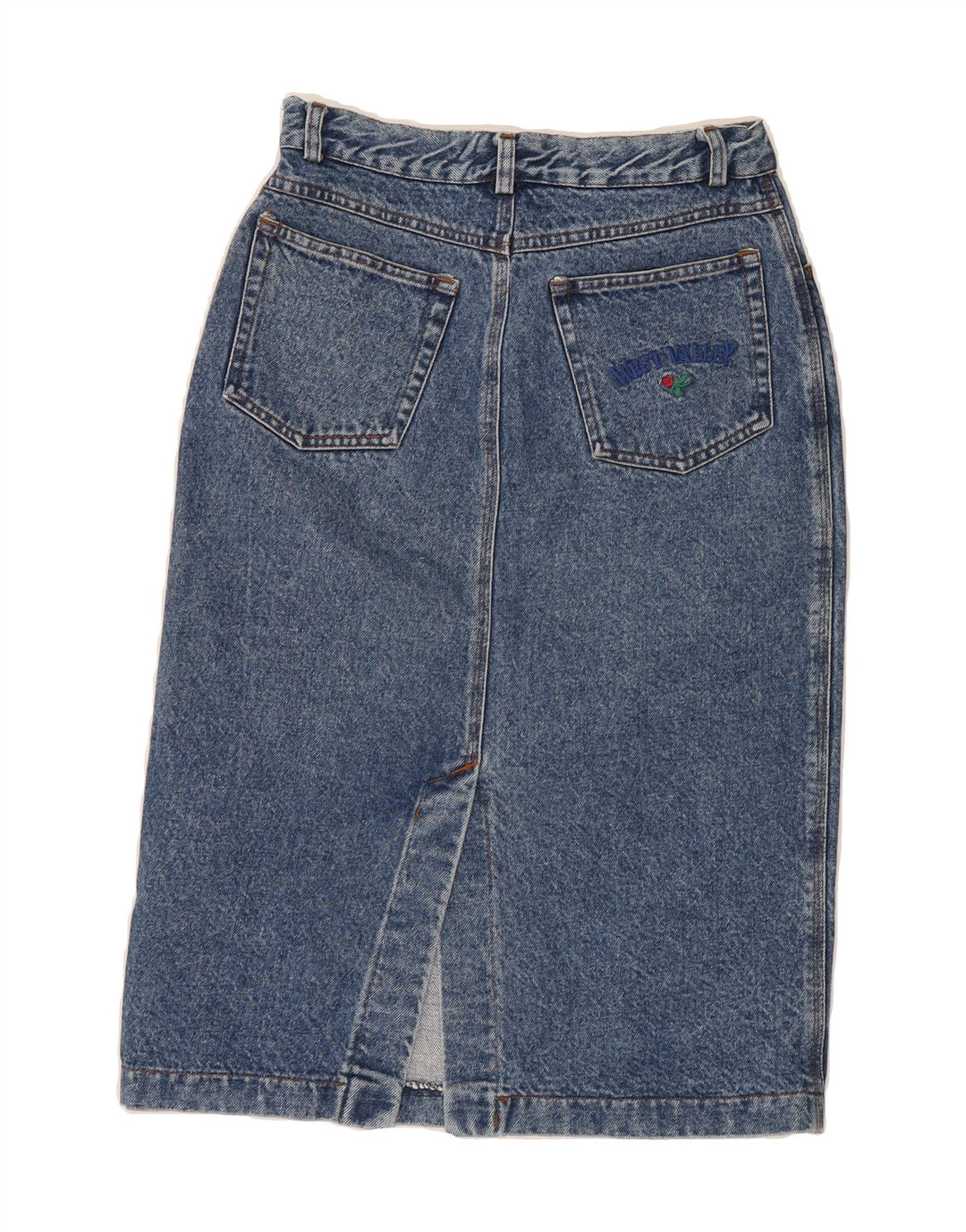 WEST VALLEY Womens Denim Skirt IT 44 Medium W28 Blue Cotton Vintage West Valley and Second-Hand West Valley from Messina Hembry 