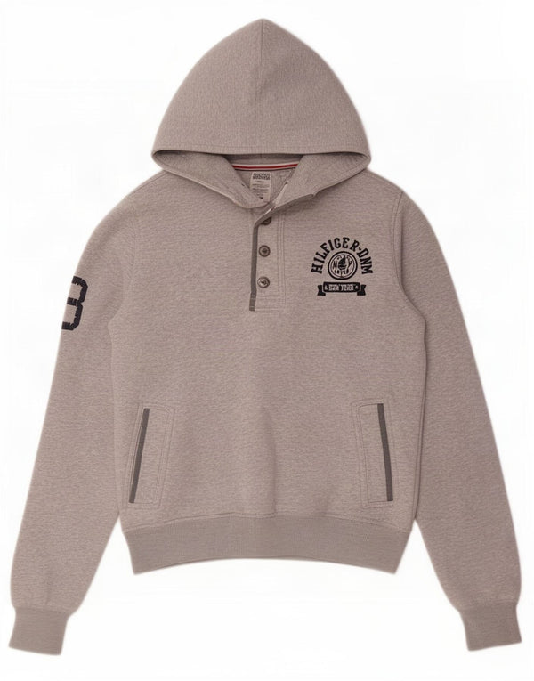 Pulover pentru bărbați Tommy Hilfiger, cu grafică, cu gâtul cu nasturi, cu capota mică, pete gri