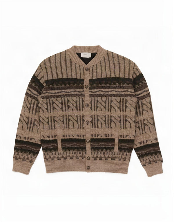 Pulover Cardigan Vintage Bărbați IT 52 Lână Geometrică Maro Mare