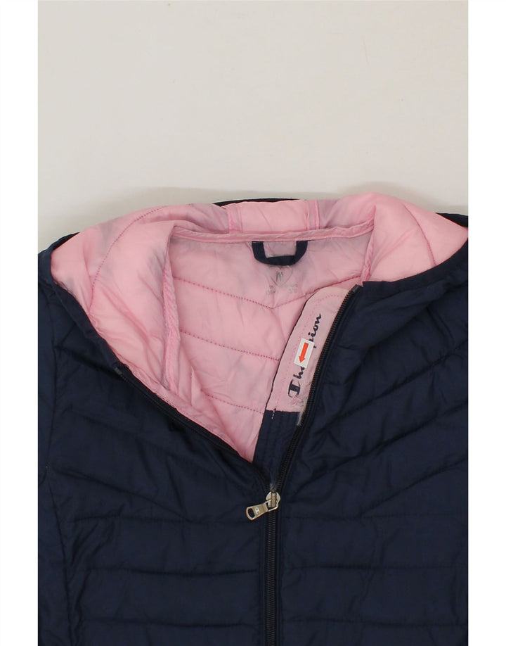CHAMPION Girls Hooded Padded Jacket 9-10 Years Medium Navy Blue Polyester Vintage Champion and Second-Hand Champion from Messina Hembry 