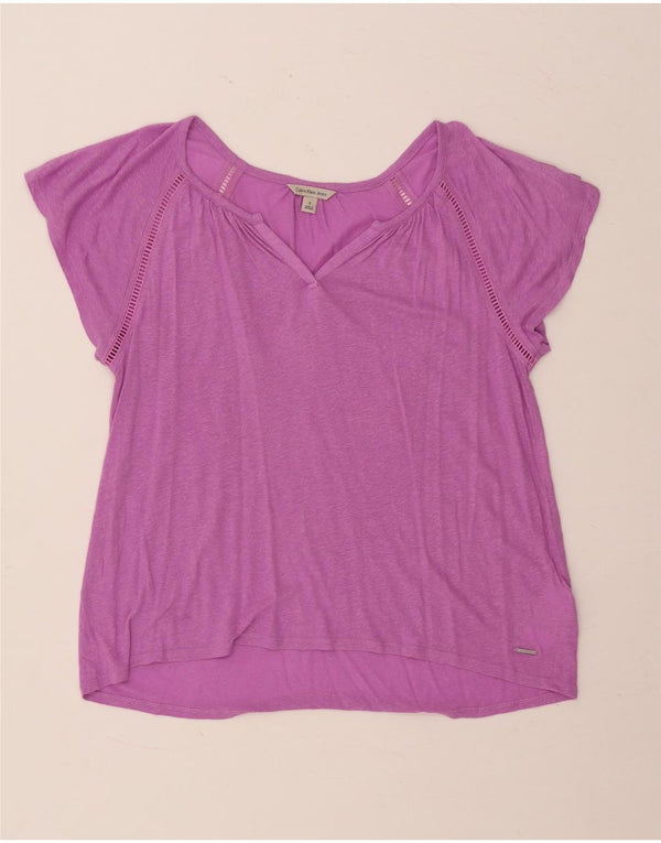 Calvin Klein Jeans Tricou cu croiala larga pentru femei Top UK 10 Small Purple Linen