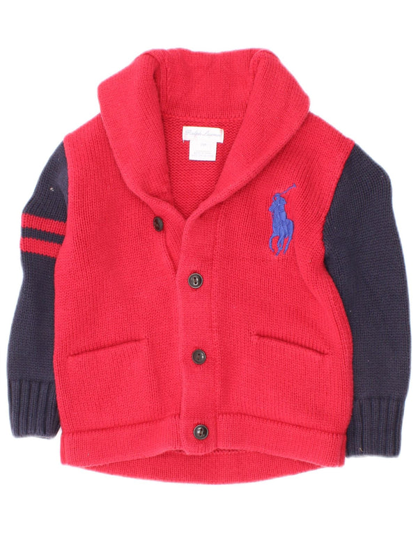 Pulover cardigan Ralph Lauren pentru bebelusi baieti 18-24 luni bumbac color bloc rosu
