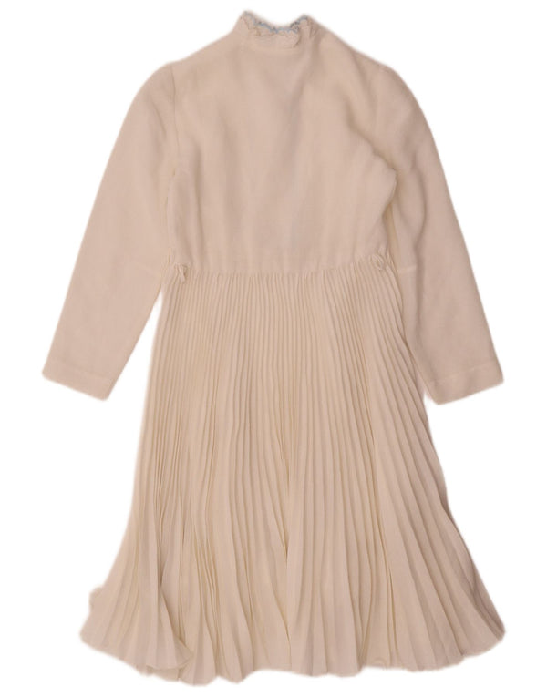 Vintage Womens 3/4 Sleeve A-Line Dress UK 4 XS Beige Check Polyester