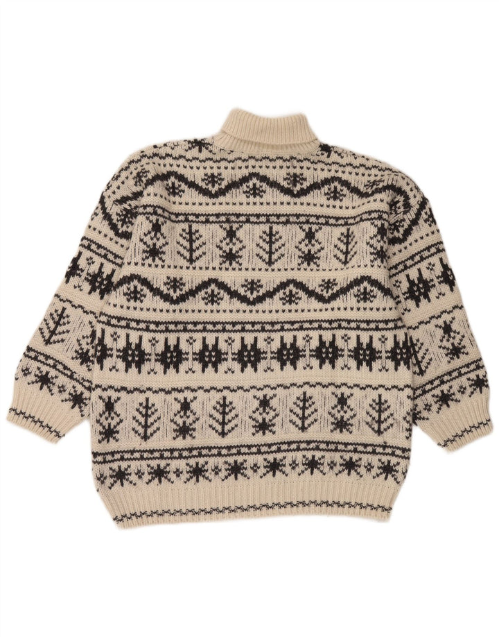 Pulover vintage pentru bărbați cu gât rulat, mediu alb deschis, acrilic Fair Isle
