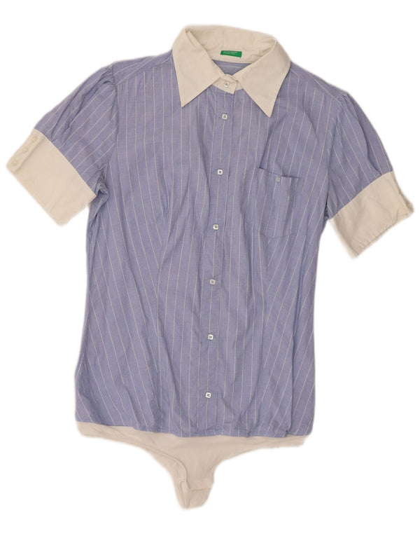 Body de cămașă cu mânecă scurtă pentru femei Benetton UK 14, bumbac mare cu dungi albastre