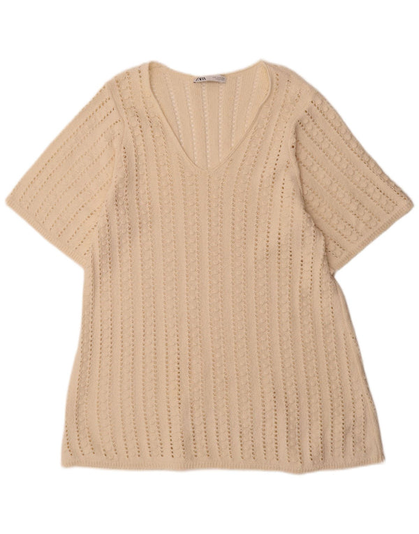 Rochie cu mânecă scurtă din croșetat pentru femei Zara UK 14 Medium Off White