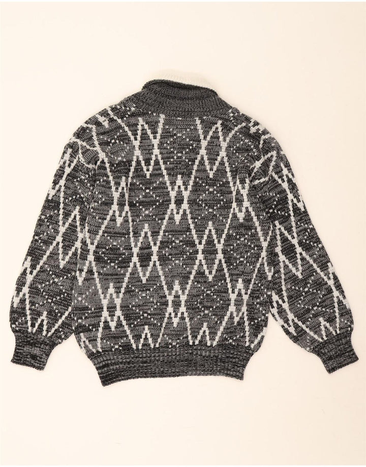 Pulover vintage pentru bărbați cu gât șal, gri mediu geometric