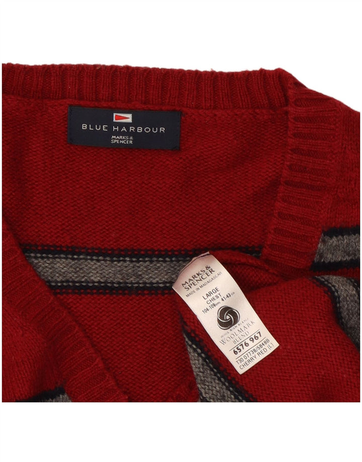 Marks & Spencer Pulover cu decolteu în V Blue Harbour pentru bărbați, cu dungi roșii mari