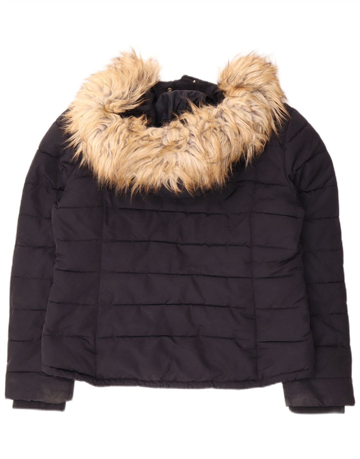 Topshop Jachetă Captusă Crop cu glugă pentru femei UK 14 Poliester mediu bleumarin