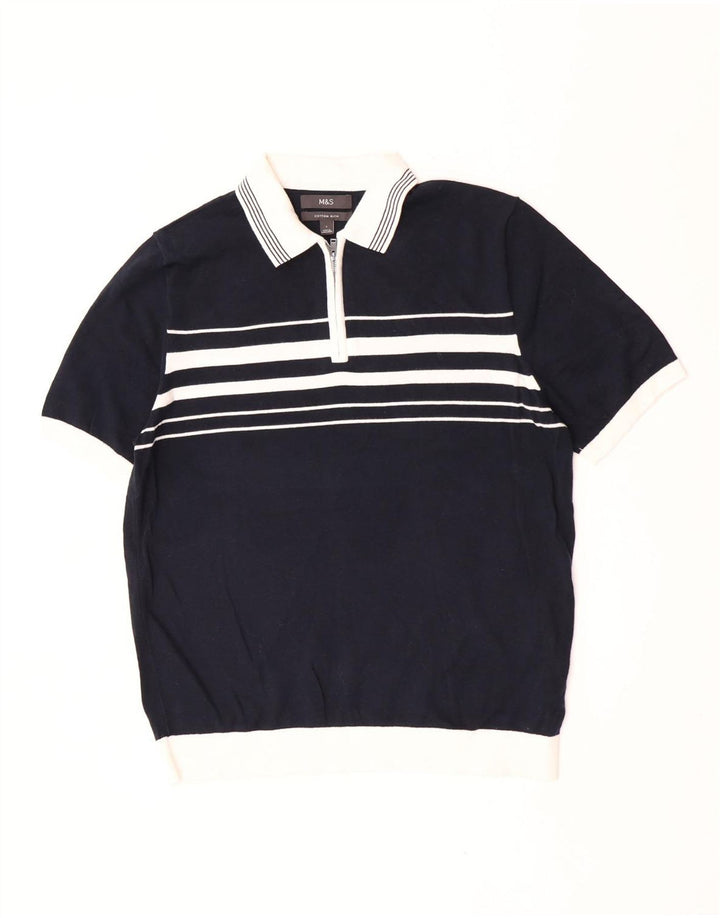 Tricou polo pentru bărbați Marks & Spencer, mare, din bumbac cu dungi, albastru bleumarin