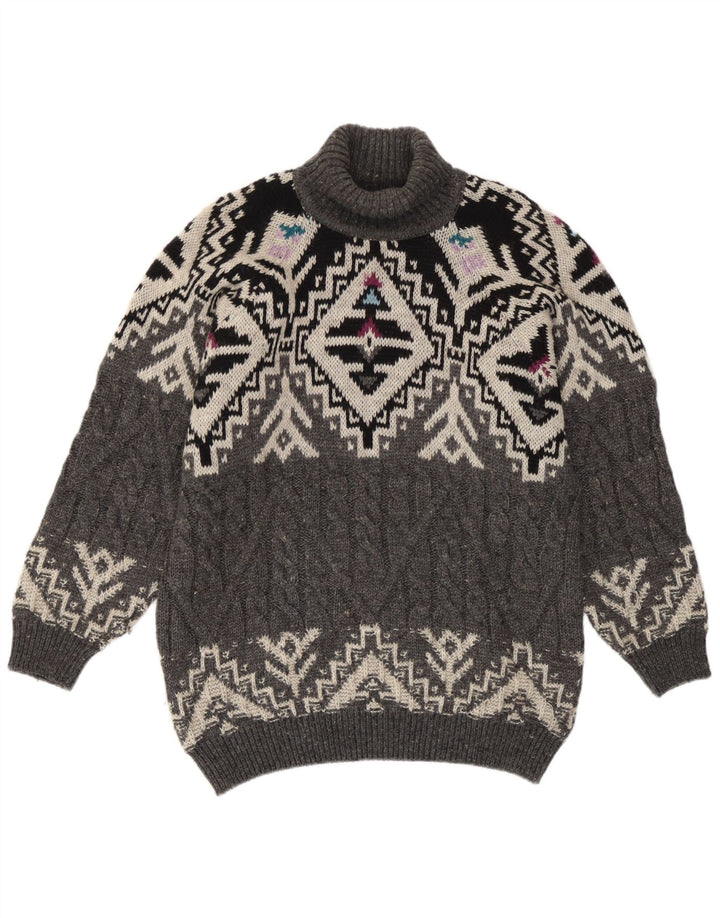 Pulover vintage pentru femei cu gât rulat, UK 14, lână Fair Isle, gri mediu