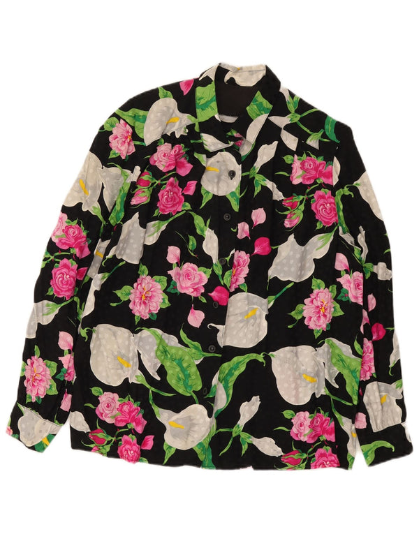 Bluză de cămașă vintage pentru femei UK 16, mare, neagră, florală