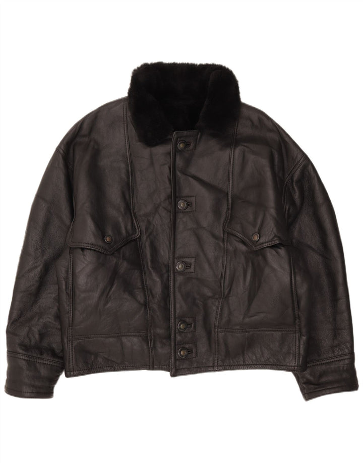 Jachetă vintage bărbătească din shearling IT 52 XL din piele neagră