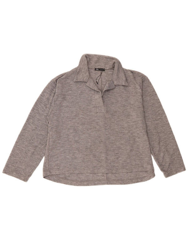 Zara Womens Long Sleeve Oversized Polo Shirt UK 10 Small Grey Flecked