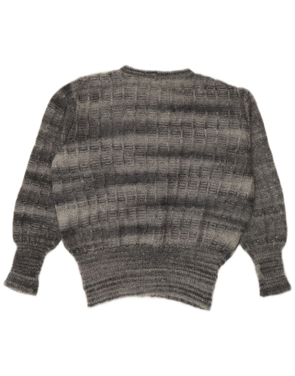 Pulover vintage pentru femei cu gât de barcă UK 14 mare, gri cu dungi