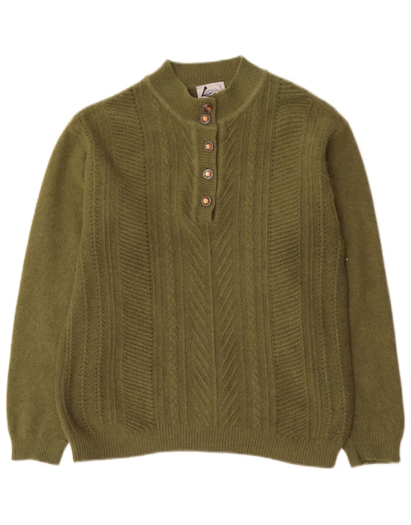 Pulover vintage pentru femei cu gât cu nasturi UK 12 Medium Khaki Angora