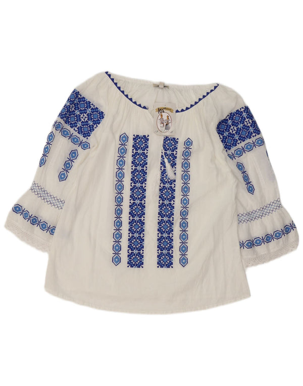 Bluză vintage pentru femei cu mâneci 3/4, UK 16, mare, albă, geometrică, etnică