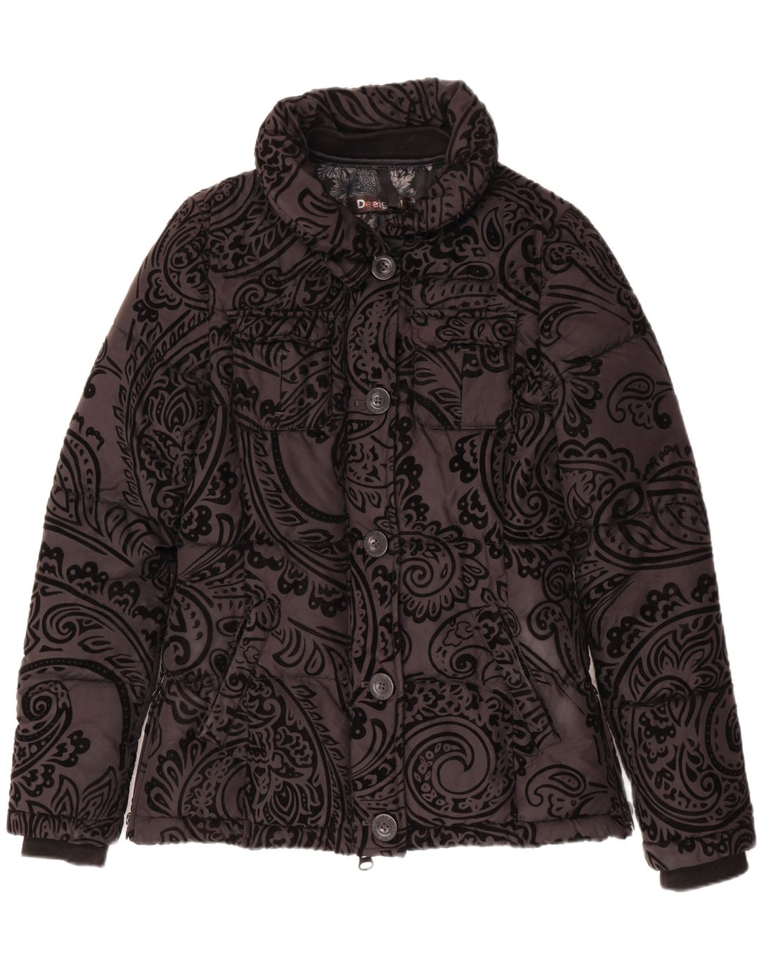 DESIGUAL Womens Padded Jacket EU 36 Small Black Paisley Polyester