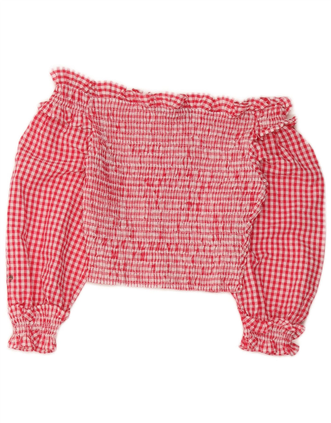 Top pentru femei Zara Crop cu mâneci 3/4 cu umăr dezactivat UK 4 XS poliester roșu vichy