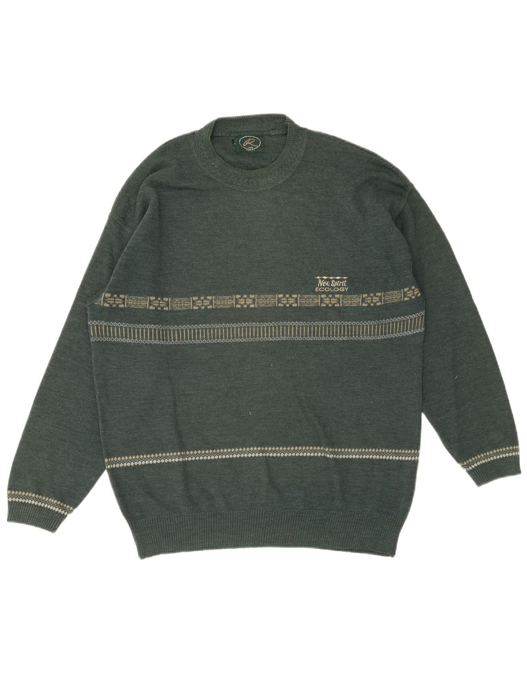 Pulover vintage pentru bărbați cu decolteu rotund din lână geometrică verde mediu