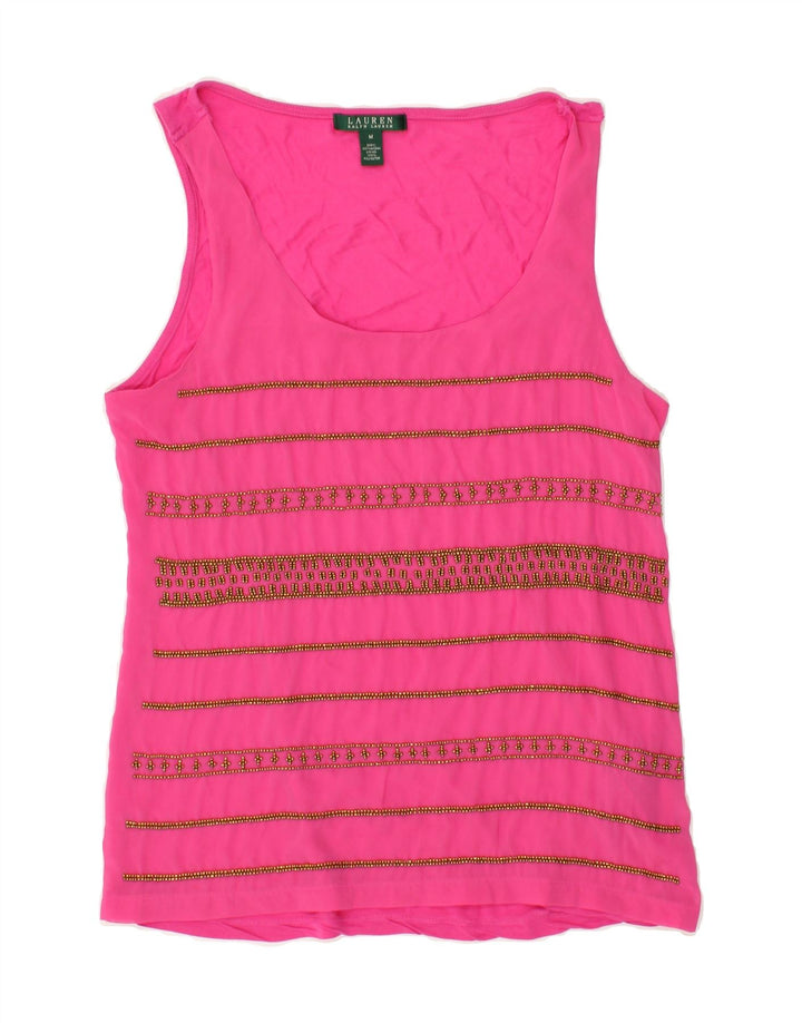 RALPH LAUREN Womens Vest Top UK 14 Medium Pink Striped Modal | Vintage Ralph Lauren | Thrift | Second-Hand Ralph Lauren | Used Clothing | Messina Hembry 