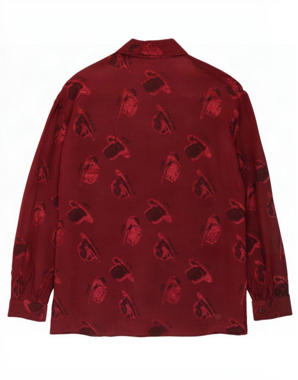 Bluză de cămașă vintage pentru femei cu model abstract, UK 14, viscoză medie burgundy