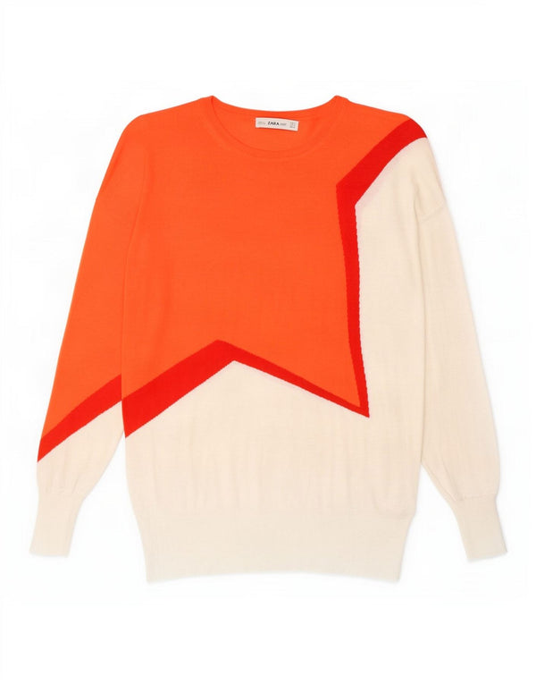 Zara Womens Boat Neck Jumper Sweater UK 10 Small Orange Colourblock