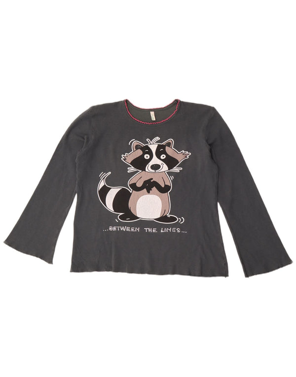 Benetton Girls Cartoon Raccoon Graphic Top Maneca Lunga 11-12 Ani Gri