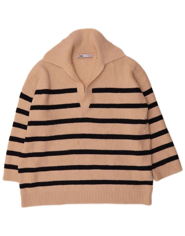 Pulover pentru femeie Zara, cu gât polo supradimensionat, UK 16, mare, în dungi, bej