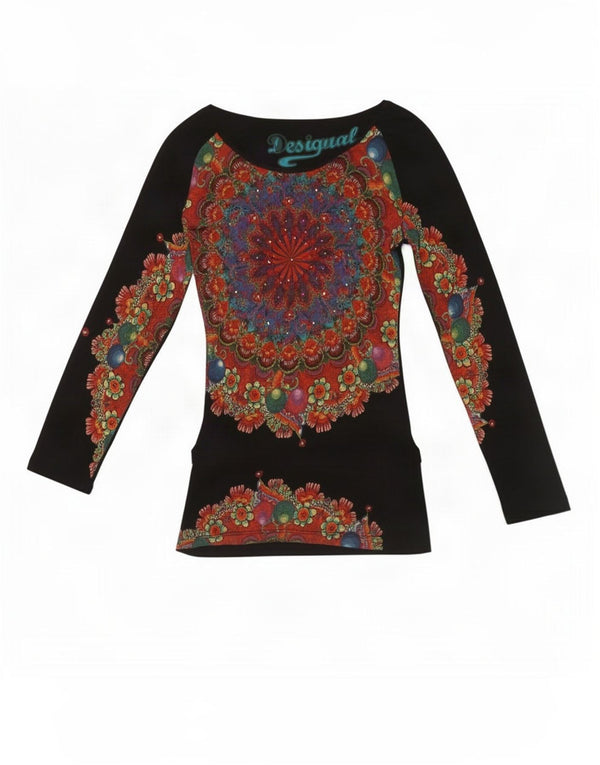 Top grafic pentru femei Desigual cu mânecă lungă UK 8 Small Black Paisley