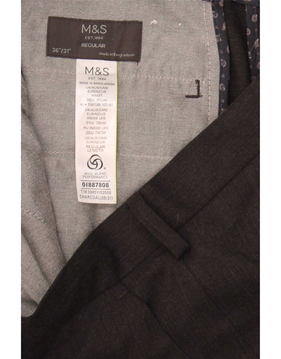 Pantaloni de costum obișnuiți drepti pentru bărbați Marks & Spencer L36 L31 poliester gri