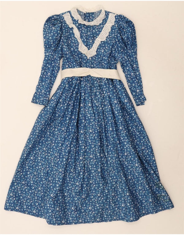 Rochie maxi cu mâneci lungi vintage pentru femei UK 10, albastru, floral, mic