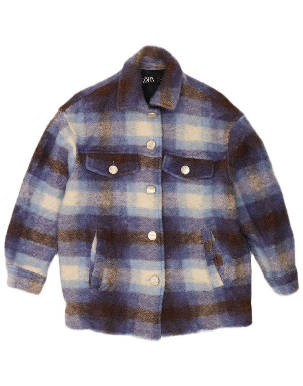Zara Womens Oversized Shacket Jacket UK 6 XS Blue Plaid Wool