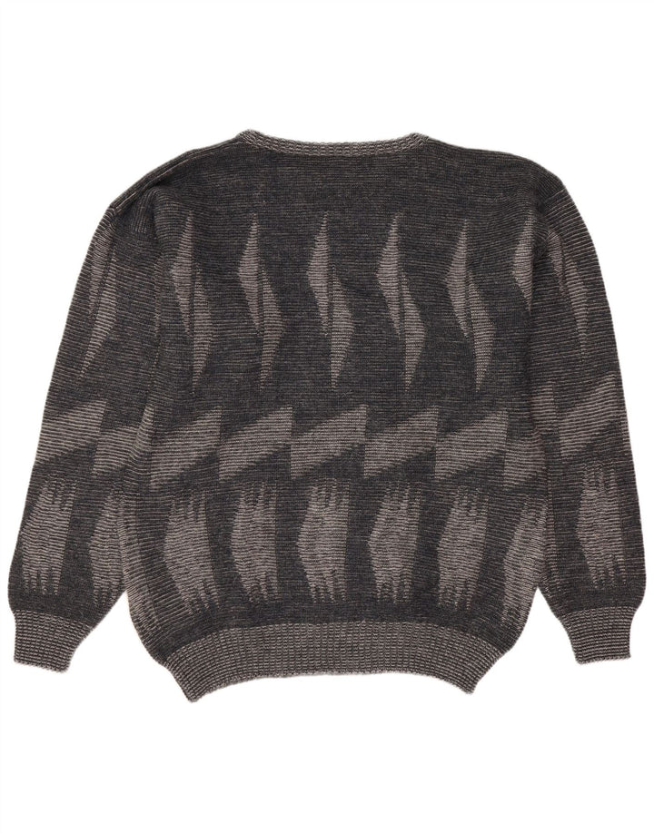 Pulover vintage pentru bărbați cu gâtul turnat mare, gri geometric