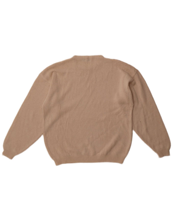 Pulover vintage pentru femei cu decolteu rotund UK 14, bumbac floral, bej mediu