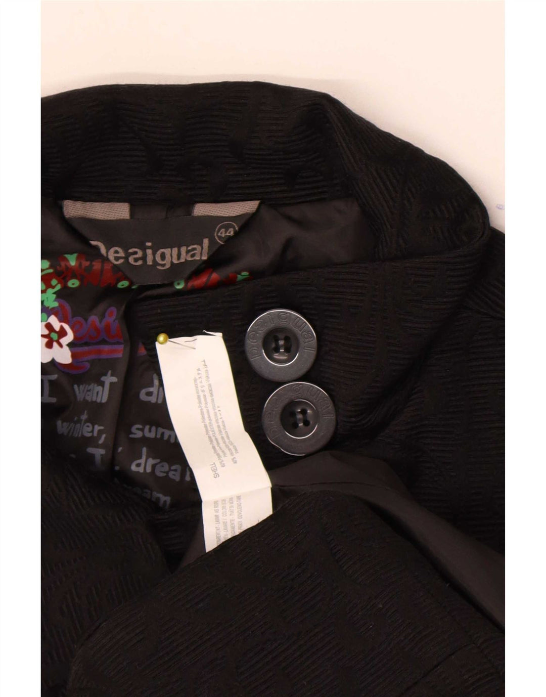 Pardesiu grafic pentru femei Desigual EU 44 XL poliester geometric negru