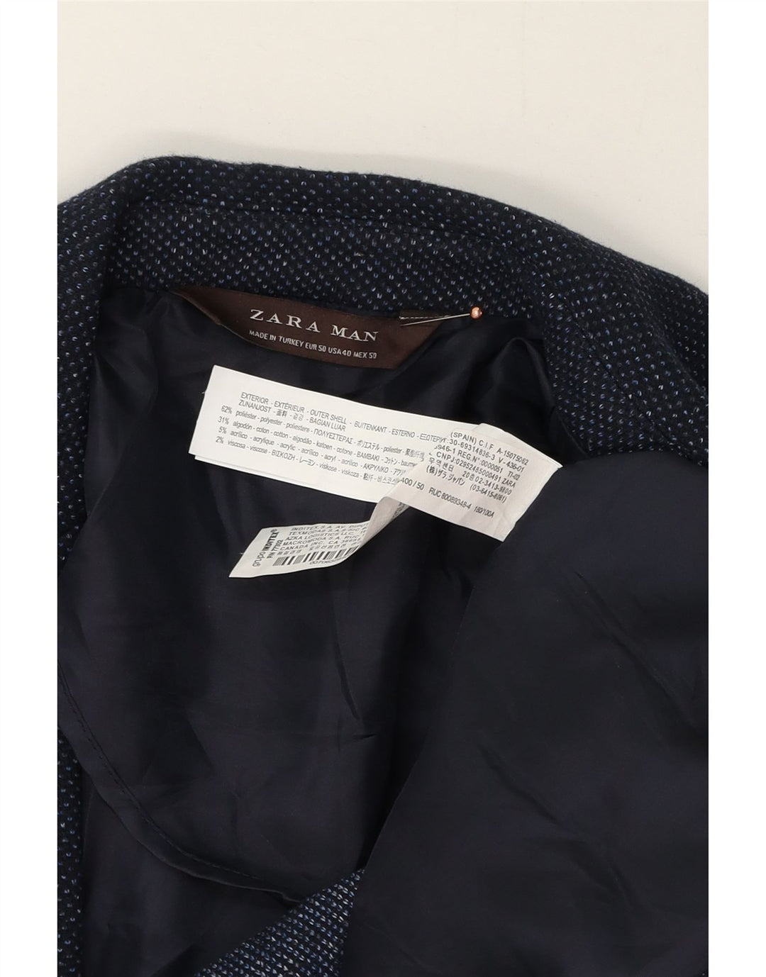 ZARA Mens 2 Button Blazer Jacket EU 50 Medium Navy Blue Spotted Polyester
